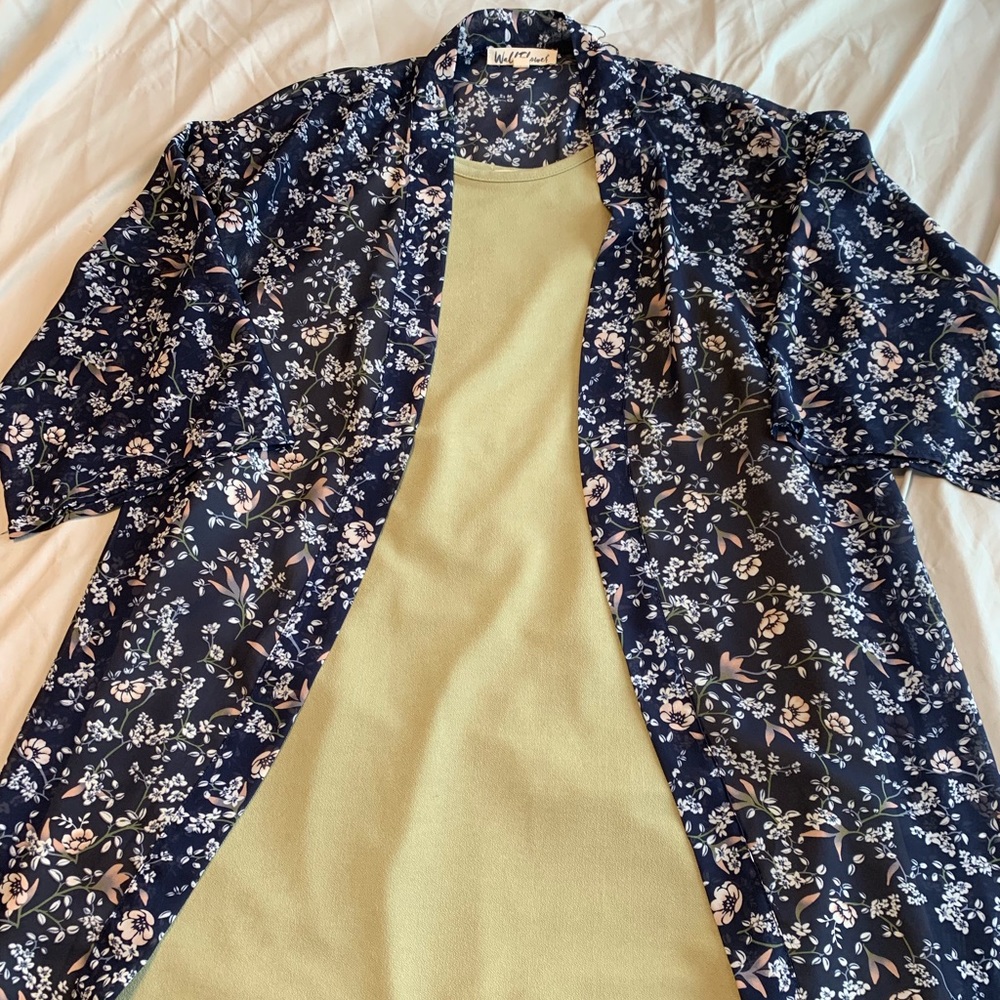 Olive dress and navy shawl
